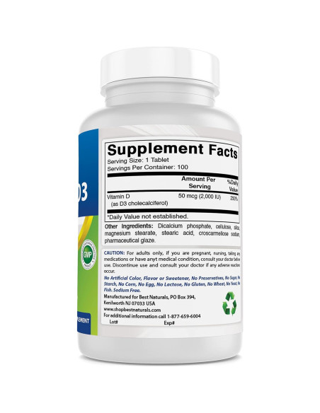 Vitamina D3 2000 UI Mejores Naturales - 100 Tabletas Vitamina D3 2000 UI Mejores Naturales - 100 Tabletas