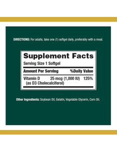 Suplemento de Vitamina D3 Nature's Bounty 1000 UI 350 Cápsulas 2