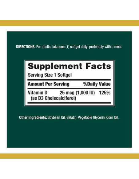 Suplemento de Vitamina D3 Nature's Bounty 1000 UI 350 Cápsulas