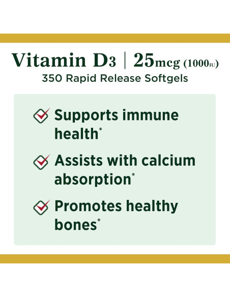Suplemento de Vitamina D3 Nature's Bounty 1000 UI 350 Cápsulas