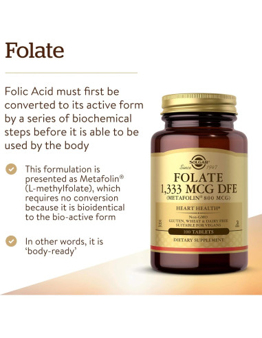 Solgar Folato 1333 mcg DFE 100 Tabletas Veganas Sin Gluten