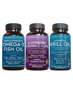 Paquete Suplementos Omega 3 Viva Naturals: Aceite de Kril 1250 mg, Aceite de Pescado 1400 mg, Saúco, Vitamina C y Zinc
