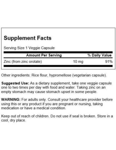 Suplemento Orotato de Zinc Swanson 10 mg 60 Cápsulas Veganas