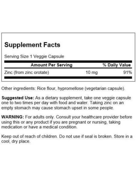 Suplemento Orotato de Zinc Swanson 10 mg 60 Cápsulas Veganas