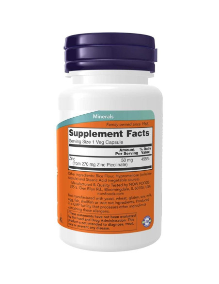 NOW Picolinato de Zinc 50mg 180 Cápsulas Veganas