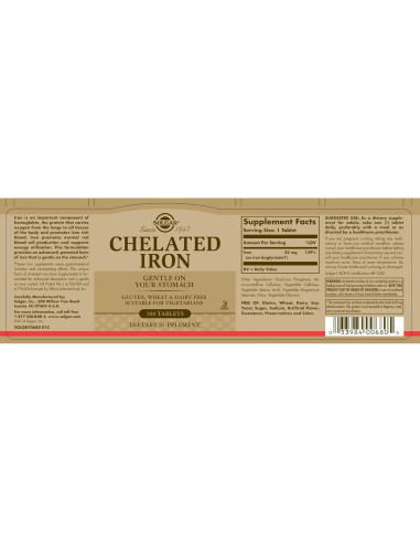 Suplemento de Hierro Quelado Solgar 100 tabletas 113g