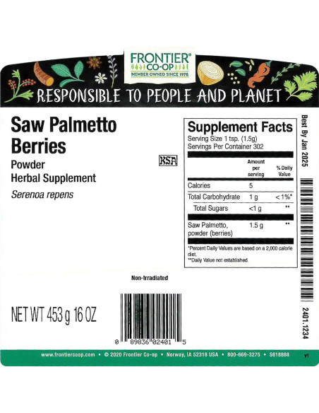 Polvo de Bayas de Saw Palmetto Frontier 0.45 kg Suplemento Natural Polvo de Bayas de Saw Palmetto Frontier 0.45 kg Suplemento Natural
