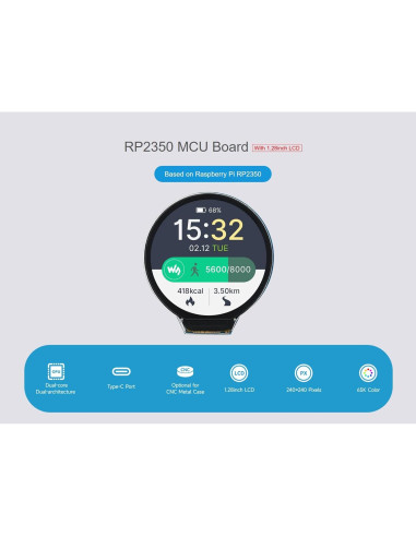 Placa MCU Waveshare RP2350 con LCD 1.28" 240x240 IPS