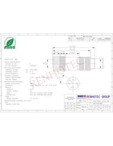 Conector Profibus M12 Hembra A-Code 4 Pines Recto IP68