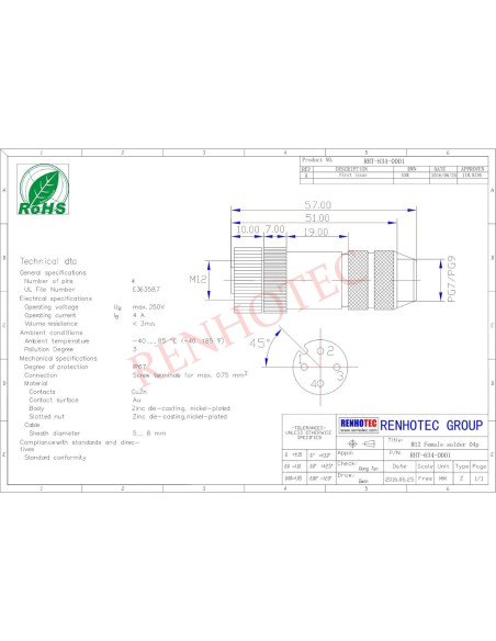 Conector Profibus M12 Hembra A-Code 4 Pines Recto IP68