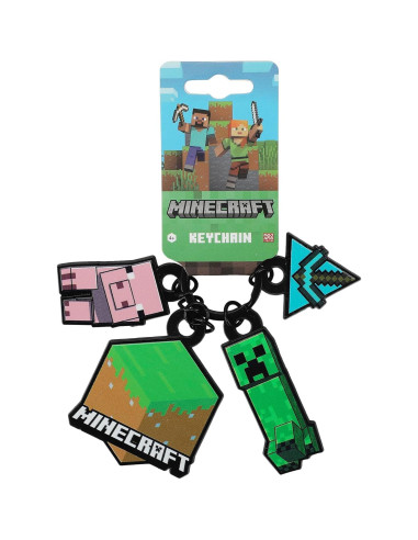 Llave con 4 charms Minecraft - Cerdo, Creeper, Pico, Tierra