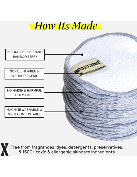 Discos de Limpieza Reutilizables Untoxicated - 10 Unidades - Doble Capa de Bambú Terry para Piel Sensible