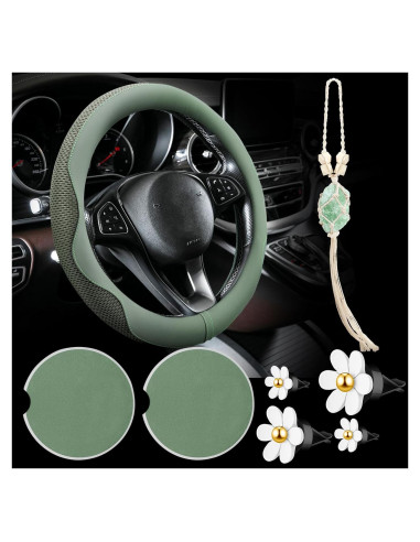 Accesorios para Automóvil BBTO: Funda de Volante, Posavasos y Adorno Colgante Verde Salvia