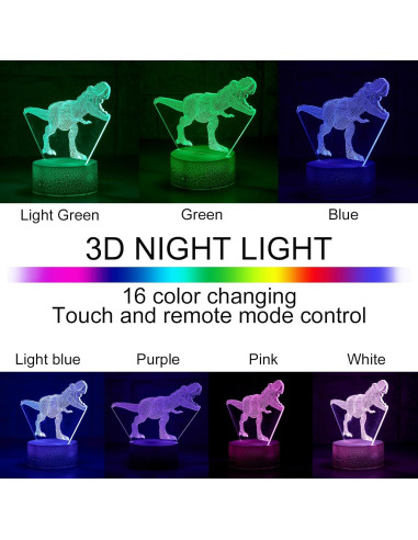 Luz Nocturna 3D T-Rex LED con Sensor Táctil y 7 Colores