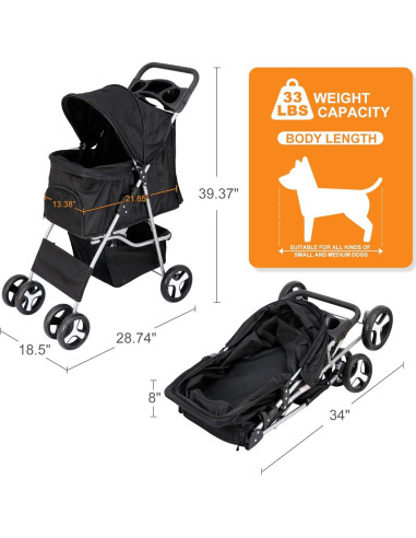 Carrito para Mascotas Nova Negro Plegable 15 kg 4 Ruedas