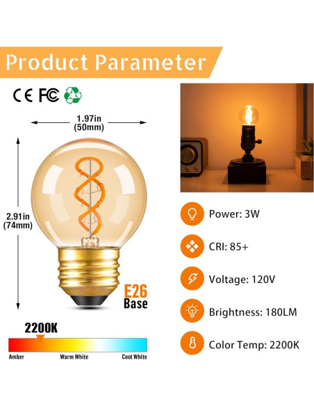 Bombilla LED Ámbar Vintage Dimmable E26 G16.5 3W 2200K 2 Paquete