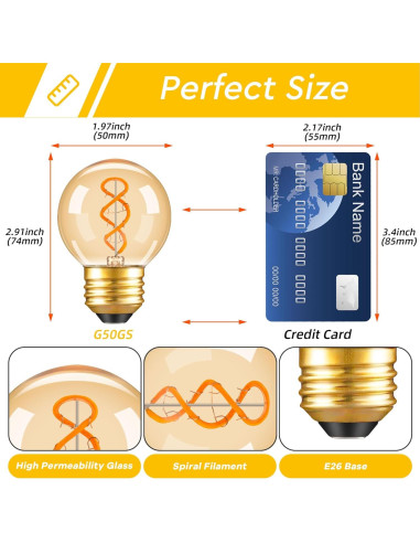 Bombilla LED Ámbar Vintage Dimmable E26 G16.5 3W 2200K 2 Paquete
