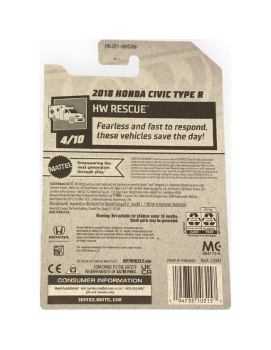Hot Wheels Honda Civic Type R 2018 Escala 1:64 Blanco