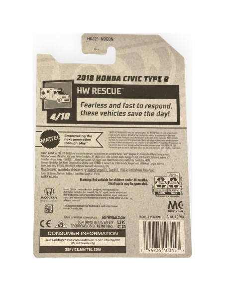 Hot Wheels Honda Civic Type R 2018 Escala 1:64 Blanco