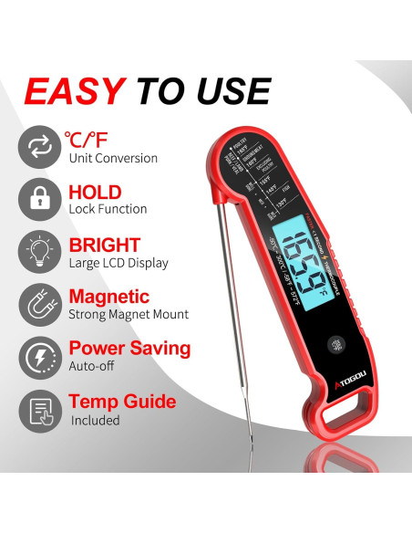 Termómetro Digital de Alimentos ATOGOU Rojo, Precisión +/-0.3C