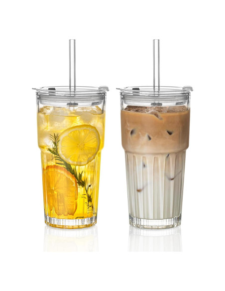 Juego de 2 Vasos de Vidrio INSETLAN 600 ml con Tapas y Pajitas