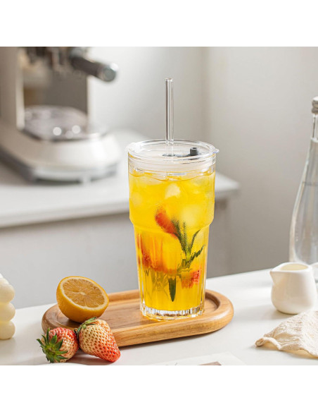 Juego de 2 Vasos de Vidrio INSETLAN 600 ml con Tapas y Pajitas