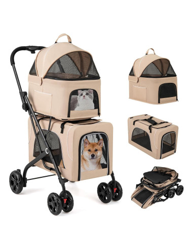 Carrito Doble para Mascotas Giantex Beige, 2 Transportadores Desmontables