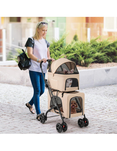 Carrito Doble para Mascotas Giantex Beige, 2 Transportadores Desmontables