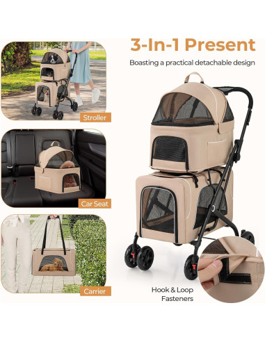 Carrito Doble para Mascotas Giantex Beige, 2 Transportadores Desmontables