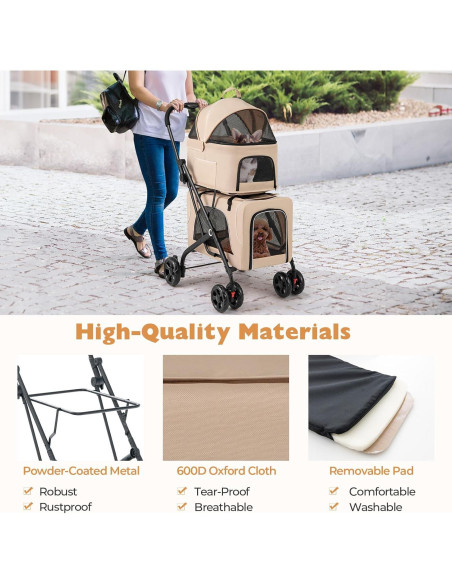 Carrito Doble para Mascotas Giantex Beige, 2 Transportadores Desmontables