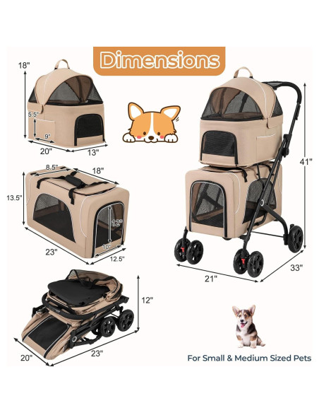 Carrito Doble para Mascotas Giantex Beige, 2 Transportadores Desmontables