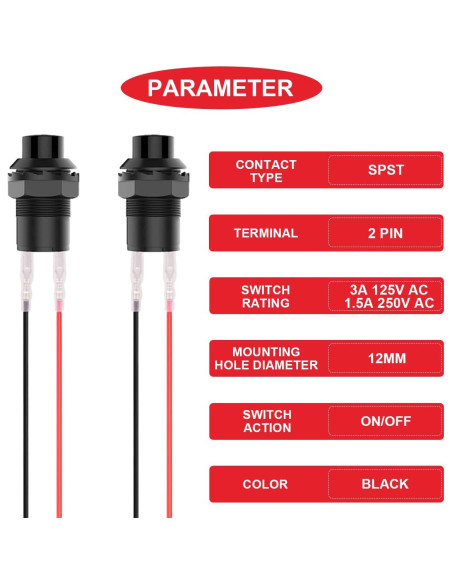 10 Pcs Interruptor de Botón Auto-bloqueante MKBKLLJY 12mm Negro