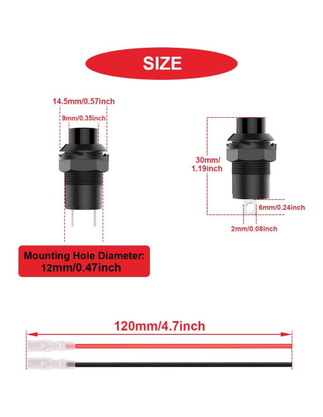 10 Pcs Interruptor de Botón Auto-bloqueante MKBKLLJY 12mm Negro