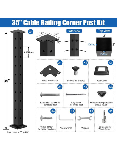 Poste de Esquina para Barandilla de Cable CKE CP02 36"