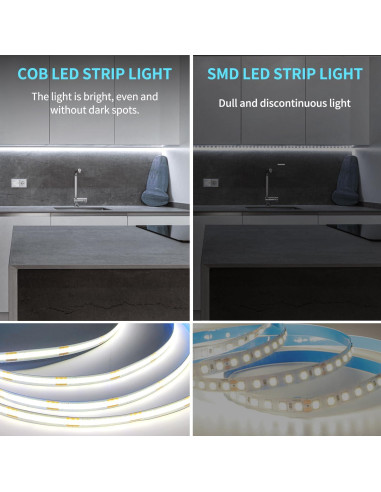 Tira de LED COB 50FT Yeewhale 6000K Regulable con Control Remoto