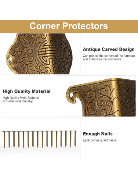 4 Protectores de Esquinas de Metal Vintage RFORPLY Bronce 14x5.7cm