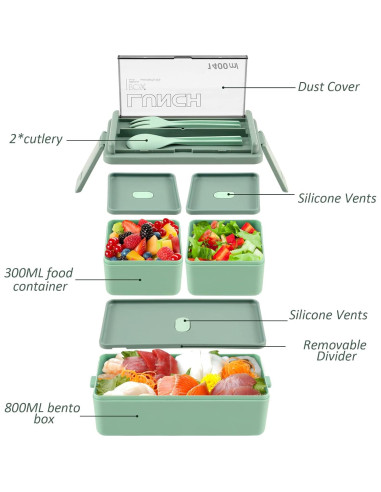 Caja Bento 2 Pack CHZZMS 1400ml Ecológica Apilable Verde/Azul