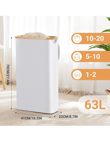 Cesta de lavandería delgada 63L con tapa y bolsa extraíble - Fiona