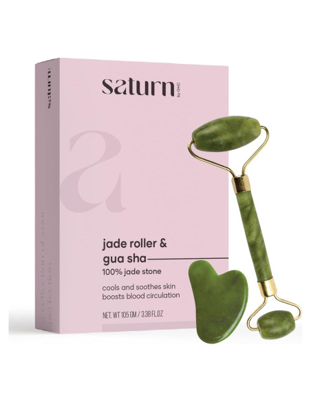 Rodillo de Jade y Gua Sha Saturno por GHC - Cuarzo Rosa Premium