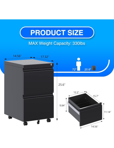 Gabinete de Archivos Aobabo 2 Cajones Metal Negro con Cerradura