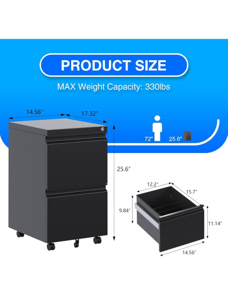 Gabinete de Archivos Aobabo 2 Cajones Metal Negro con Cerradura
