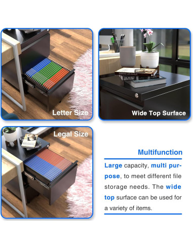 Gabinete de Archivos Aobabo 2 Cajones Metal Negro con Cerradura