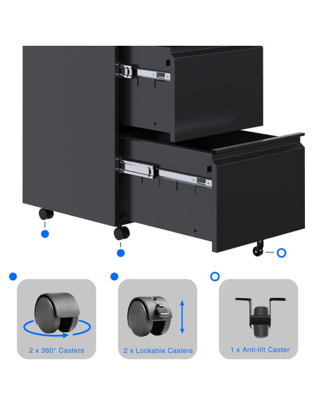 Gabinete de Archivos Aobabo 2 Cajones Metal Negro con Cerradura