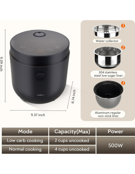 Cocinero de Arroz Mokero Bajo en Carbohidratos 2 Tazas