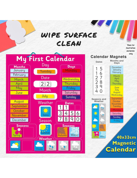 Calendario Magnético Rosa para Niños 40x32 cm - Aprendizaje Divertido
