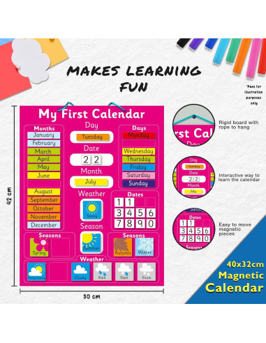 Calendario Magnético Rosa para Niños 40x32 cm - Aprendizaje Divertido