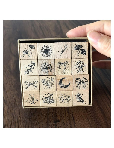 Juego de 16 Sellos de Goma Montados en Madera YGONTAK