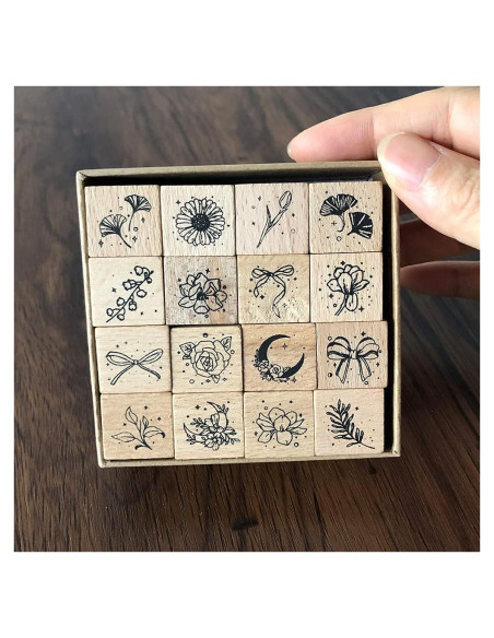 Juego de 16 Sellos de Goma Montados en Madera YGONTAK