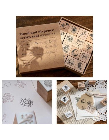 Juego de 16 Sellos de Goma Montados en Madera YGONTAK