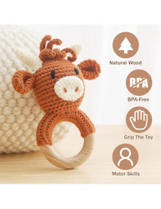 Sonajero de Madera Chriswell Vaca para Bebés - Juguete Seguro 2